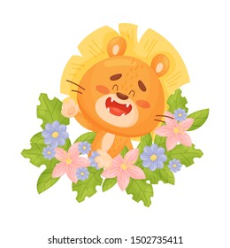 Cartoon lion cub among the flowers. Vector illustration on a white background.