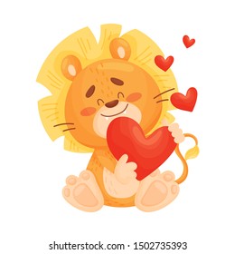 Cartoon lion cub in love sitting. Vector illustration on a white background.