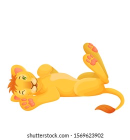 Cartoon lion cub lying on his back and winking