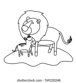 cartoon lion and cub over grass in monochrome silhouette