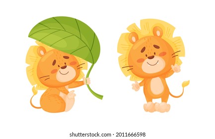 Cartoon Lion Cub Playful Character with Thick Mane Waving Paw and Sitting Under Green Leaf Vector Set