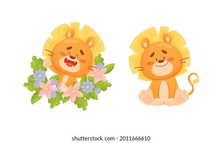 Cartoon Lion Cub Playful Character with White Teeth and Thick Mane Vector Set