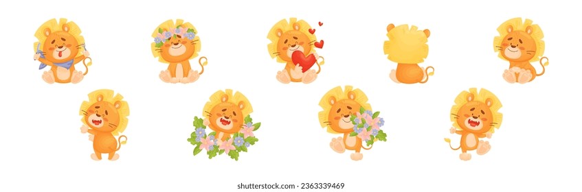 Cartoon Lion Cub Playful Character with Mane Vector Set