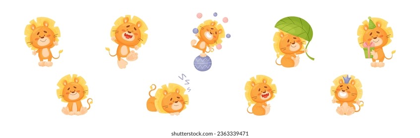 Cartoon Lion Cub Playful Character with Mane Vector Set