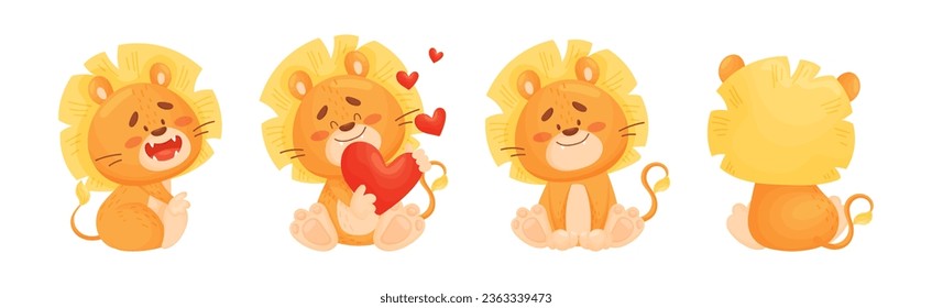 Cartoon Lion Cub Playful Character with Mane Vector Set