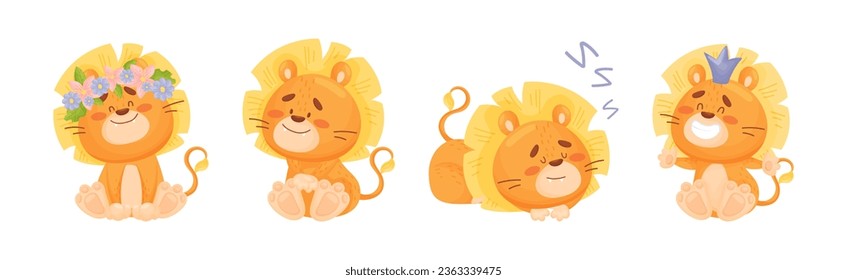 Cartoon Lion Cub Playful Character with Mane Vector Set