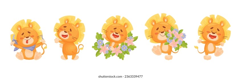 Cartoon Lion Cub Playful Character with Mane Vector Set