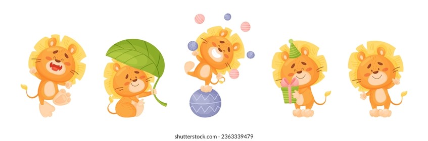 Cartoon Lion Cub Playful Character with Mane Vector Set