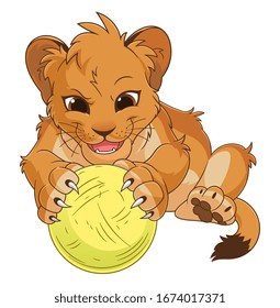 Cartoon lion cub playing with yellow ball. Vector illustration.