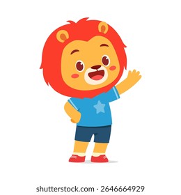 Filhote de leão de desenhos animados acenando Hello com uma expressão alegre e vestindo camiseta azul