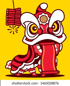 Cartoon Lion Dance with Chinese scroll and firecracker in yellow background. Happy Chinese New Year. - Vector