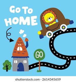 Cartoon lion driving a small brown car on curved road heading to a fairytale house with fun lettering. Animal cartoon concept
