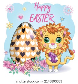 Cartoon lion with Easter egg. Character with beautiful eyes, childish. Easter holiday, greeting card.