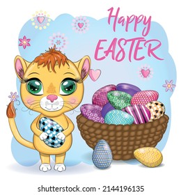 Cartoon lion with Easter egg. Character with beautiful eyes, childish. Easter holiday, greeting card.
