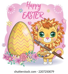 Cartoon lion with Easter egg. Character with beautiful eyes, childish. Easter holiday, greeting card.