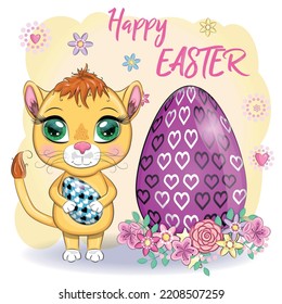 Cartoon lion with Easter egg. Character with beautiful eyes, childish. Easter holiday, greeting card.