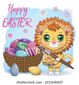 Cartoon lion with Easter egg. Character with beautiful eyes, childish. Easter holiday, greeting card.