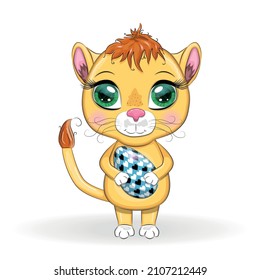 Cartoon lion with Easter egg. Easter holiday, greeting card.