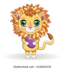 Cartoon lion with Easter egg. Easter holiday, greeting card.