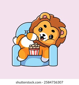 Cartoon Lion Enjoying Popcorn on a Chair