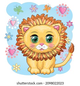 Cartoon lion with expressive eyes with flowers. Wild animals, character, childish cute style