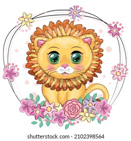 Cartoon lion with expressive eyes with flowers. Wild animals, character, childish cute style