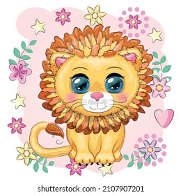 Cartoon lion with expressive eyes with flowers. Wild animals, character, childish cute style