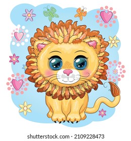 Cartoon lion with expressive eyes with flowers. Wild animals, character, childish cute style