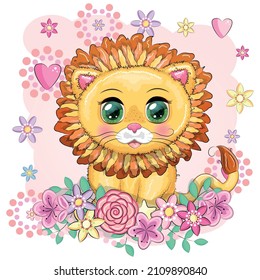 Cartoon lion with expressive eyes with flowers. Wild animals, character, childish cute style