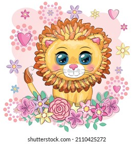 Cartoon lion with expressive eyes with flowers. Wild animals, character, childish cute style