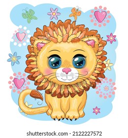 Cartoon lion with expressive eyes with flowers. Wild animals, character, childish cute style