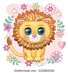Cartoon lion with expressive eyes with flowers. Wild animals, character, childish cute style