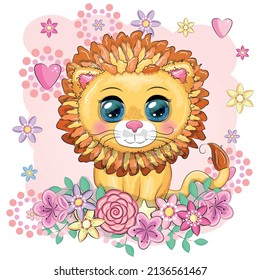 Cartoon lion with expressive eyes with flowers. Wild animals, character, childish cute style