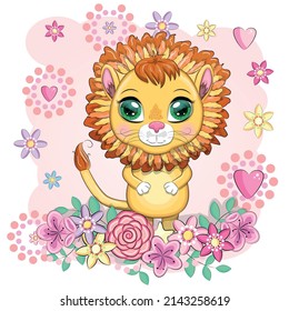 Cartoon lion with expressive eyes with flowers. Wild animals, character, childish cute style