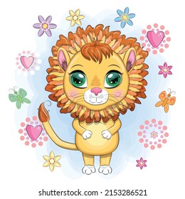 Cartoon lion with expressive eyes with flowers. Wild animals, character, childish cute style