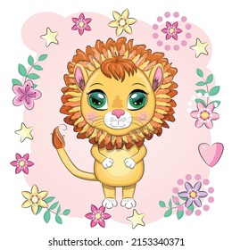 Cartoon lion with expressive eyes with flowers. Wild animals, character, childish cute style