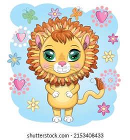 Cartoon lion with expressive eyes with flowers. Wild animals, character, childish cute style