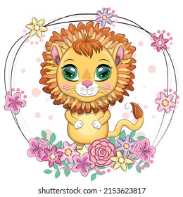 Cartoon lion with expressive eyes with flowers. Wild animals, character, childish cute style