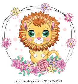 Cartoon lion with expressive eyes with flowers. Wild animals, character, childish cute style