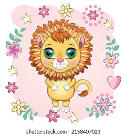 Cartoon lion with expressive eyes with flowers. Wild animals, character, childish cute style