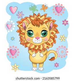 Cartoon lion with expressive eyes with flowers. Wild animals, character, childish cute style