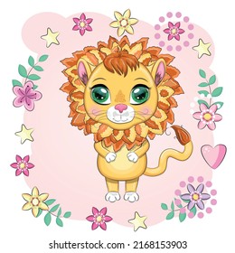 Cartoon lion with expressive eyes with flowers. Wild animals, character, childish cute style