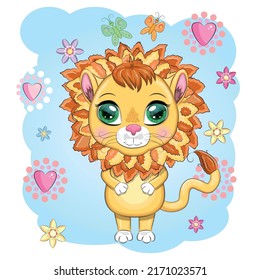Cartoon lion with expressive eyes with flowers. Wild animals, character, childish cute style