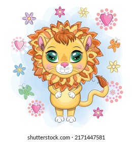 Cartoon lion with expressive eyes with flowers. Wild animals, character, childish cute style