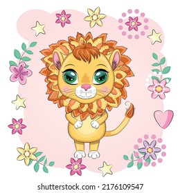 Cartoon lion with expressive eyes with flowers. Wild animals, character, childish cute style