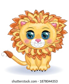 Cartoon lion with expressive eyes. Wild animals, character, childish cute style.