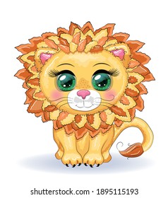 Cartoon lion with expressive eyes. Wild animals, character, childish cute style.