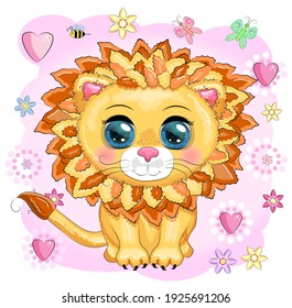 Cartoon lion with expressive eyes. Wild animals, character, childish cute style.