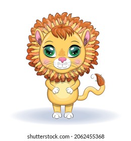 Cartoon lion with expressive eyes. Wild animals, character, childish cute style.