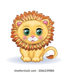 Cartoon lion with expressive eyes. Wild animals, character, childish cute style.